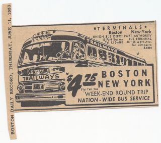 rare VTG 1950s BUS Trailways (Boston MA NEW YORK) newspaper AD 