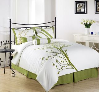   Green Tree on White Comforter Set Bed in A Bag Queen Size