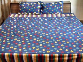 Bedspread Blue Bedsheet Handmade Indian Ethnic Queen Size Set of 3 