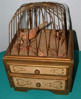 VINTAGE JEWELRY MUSIC BOX 2 DRAWER JAPAN ANIMATED BIRD IN CAGE MUSICAL 