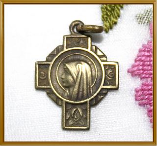 Vtg Cross Pendant Medal Virgin Mary Lourdes Bernadette