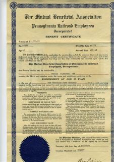 Pennsylvania Railroad Employees $1500 Benefit Certificate 1930