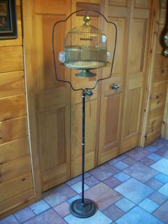 Atq Hendryx Brass Bird Cage B H Stand Glass Water Seed Holders and 