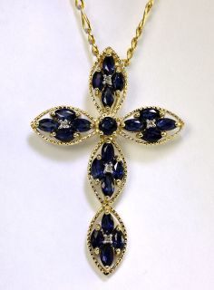 Ornate 1 75ct Diamond Marquise Sapphire Y G Cross Pendant Figaro Chain 