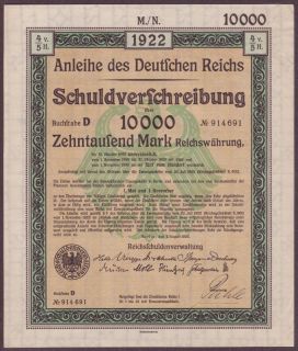1922 Berlin Germany German 10000 Mark Treasury Bond