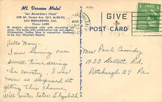 CA San Bernardino Mount Vernon Motel mailed 1949 T99191