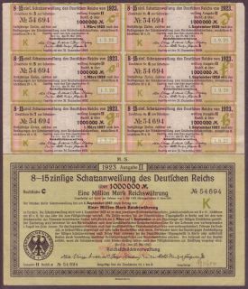 1923 Berlin, Germany 1,000,000 Mark Treasury Bond   uncancelled, with 