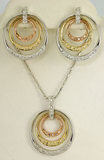 3CIRCLE 85ct Pave Set Diamond 14k Tricolor Gold Necklace Earrings Set 