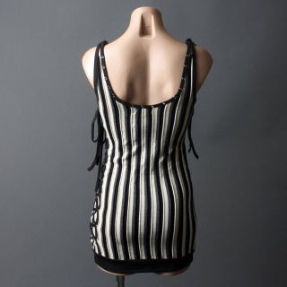 White Black Striped Grunge Steampunk Grommet Dress M Size