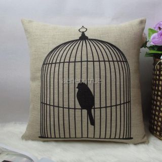 Cotton Linen Black Bird Cage Decorative Pillow Cover Cushion Case 18 