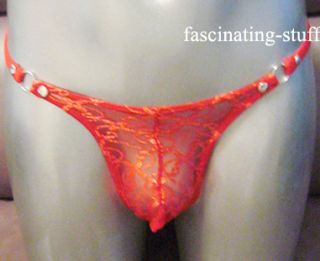 Sexy Mens Red Lace Studdy See Through Bikini G String Pouch Thong 