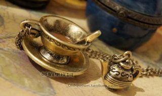 Elegant Antique Bronze Coffee Cup Tea Pot Retro Style Pendant Necklace 