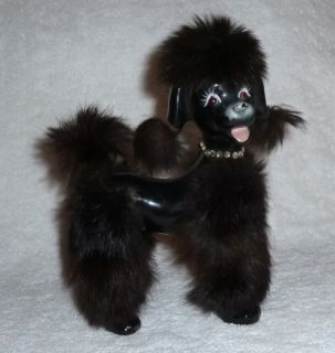 Vintage 1950s Poodle Dog Figurine Black Fur Rhinestones Amazing RARE 