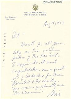 Bill Bradley Autograph Letter Signed 08 15 1993