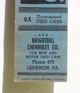 1940s Matchbook Brightbill Chevrolet Co. New and Used Cars Phone 470 