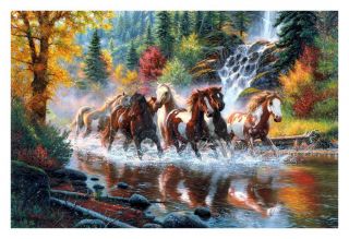 Fantasy woods falls horses, HD print oil painting on canvas 24X36 