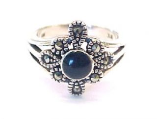 sterling silver black onyx ladies ring with marcasite accents size 8 