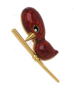 this is a cute 18k gold and enamel playful bird pin