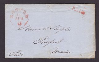 1851 Boston Stampless Folded Circular ~Great Content~ Red 3 rate pmk 