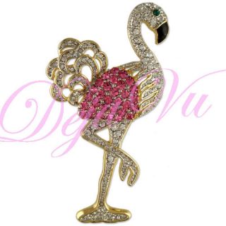 Crystal Pink Flamingo Gold Bird Pin Brooch Made with Swarovski 