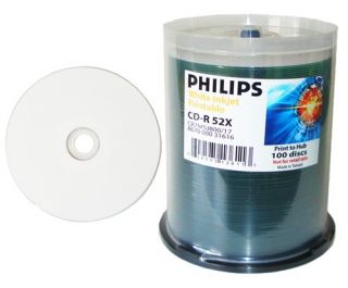 100 Philips CD R 52x White Inkjet Hub Printable CDR