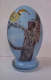   Hand Painted Treetop Flicker Birds on Light Blue Emu Egg Stand