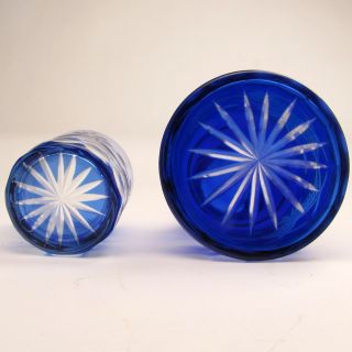 antique cobalt blue cut glass carafe and tumbler set for