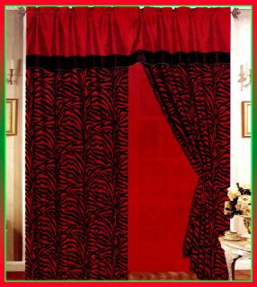 Black Red Zebra Stripe Satin Window Curtain Drape Set Sheer Liner 