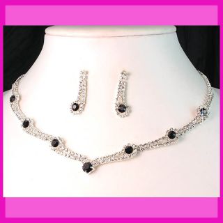   Party Bridal Bridesmaids Black Diamante Crystals Necklace Earrings Set