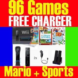   BLACK Wii CONSOLE SYSTEM 2 PLAYERS 96 GAMES SUPER MARIO + WII SPORTS