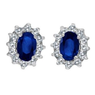 Oval Blue Sapphire Diamond Earrings 14k White Gold
