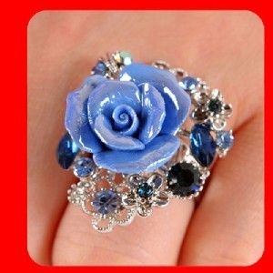New Rose Swarovski Blue Crystals Flower Ring Size Free
