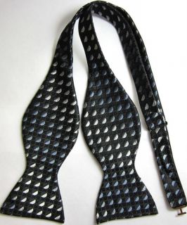 4PW01 White Black Polka Dot Floral 100%Silk Woven Mens Self Bow Tie
