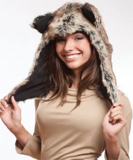 Faux Fur Plush 3D Half Animal Hood Hat Ear Flaps Wolf
