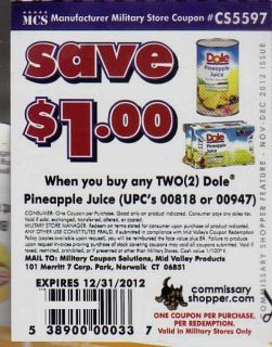 20 MILITARY coupon $1/2 DOLE Pineapple JUICE 12 31 can cans