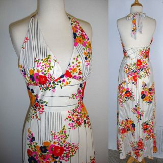 1960s vintage mod floral halter maxi dress   retro hippie boho   xs or 