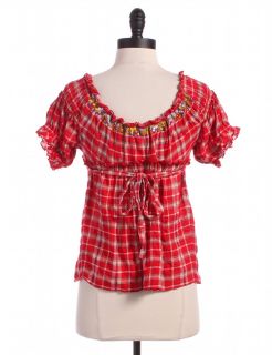 red smocked plaid blouse by free people size 6 red short sleeve 