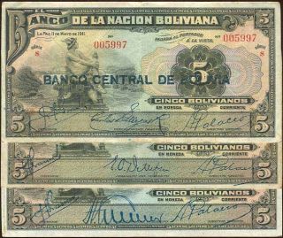 Bolivia Scarce Set 3 Notes 5 Bolivianos 1911 dif Signs