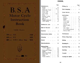 BSA Motor Cycle Instruction Book 1940 Models 500cc SV M20 500cc SV M21 