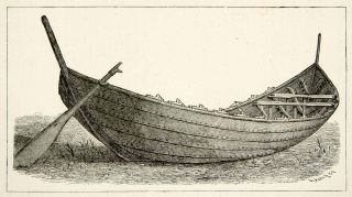   wood engraving viking nydam oak boat oars archeological find canoe sea