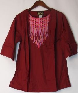 Bob Mackie Sz XS Embroidered Basket Weave Tunic Top Cherry Red New 