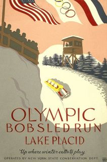   promoting winter sports, showing four man bobsledding on bobsled run