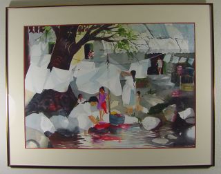 Evelyne Boren Large Watercolor   Washing Scene at Rio Quale