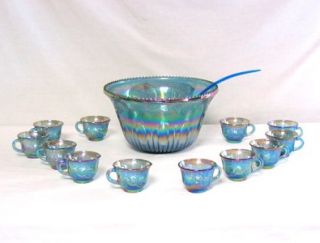 Indiana Glass Blue CARNIVAL GLASS Punch Bowl Set with 12 Cups ~Grapes 
