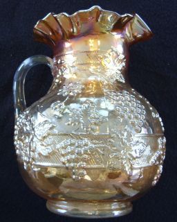 FENTONS DUGAN FLORAL GRAPE MARIGOLD CARNIVAL GLASS WATER PITCHER