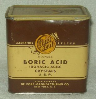 Vintage Tin of Gold Seal Boric Acid Crystals 8oz almost full 1939