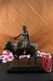 Abstract Botero Young Woman Rides A Bull Bronze Marble Sculpture 