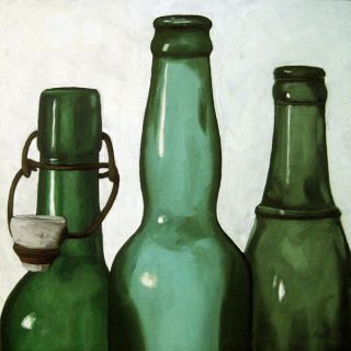 Vintage Green Bottles Still Life Art Original Oil Painting by L Apple 