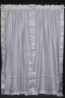 Pole Top   Pair White Silk Sari Curtains with Silver Borders