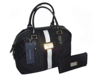 Tommy Hilfiger 3 Pcs Black Signature Bowler Satchel Handbag Cosmetic 